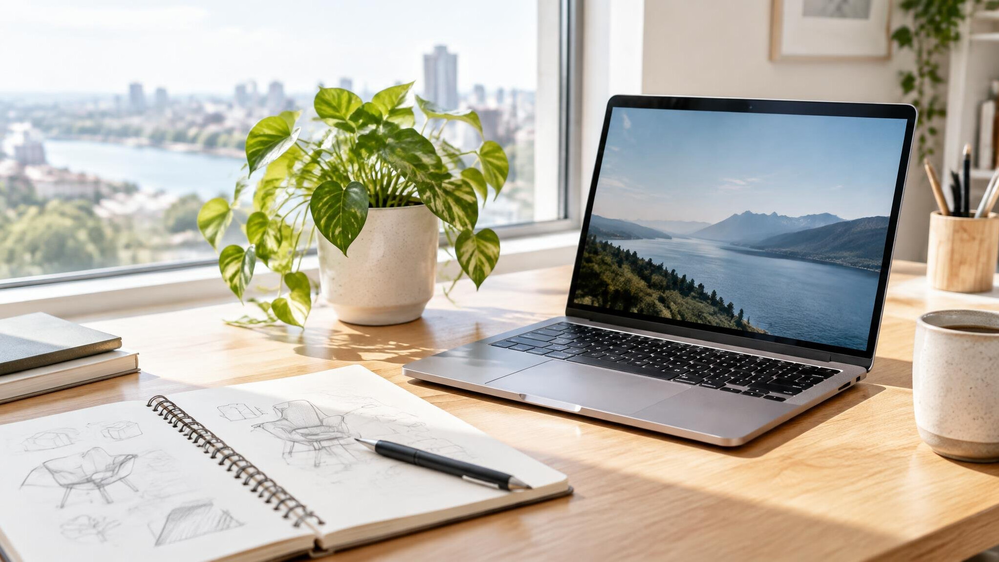 Bright desk with laptop and notebook near a window