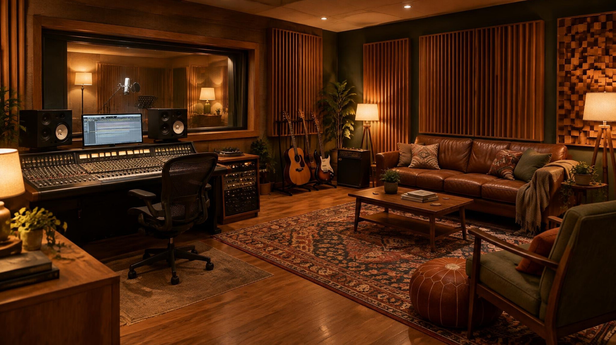 Recording studio with warm lamps and acoustic panels
