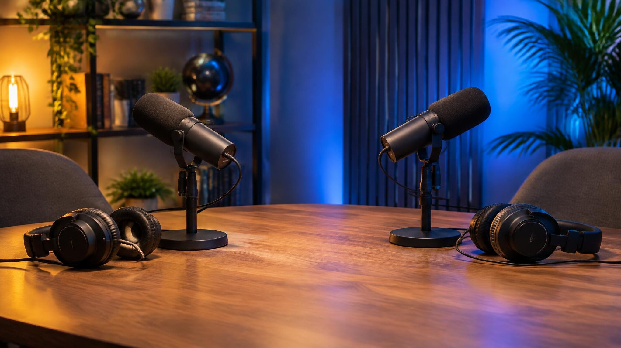 Podcast studio with microphones and soft coloured lights