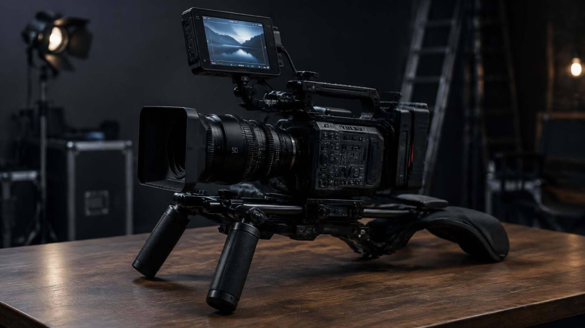 Video camera with a monitor on a shoulder rig