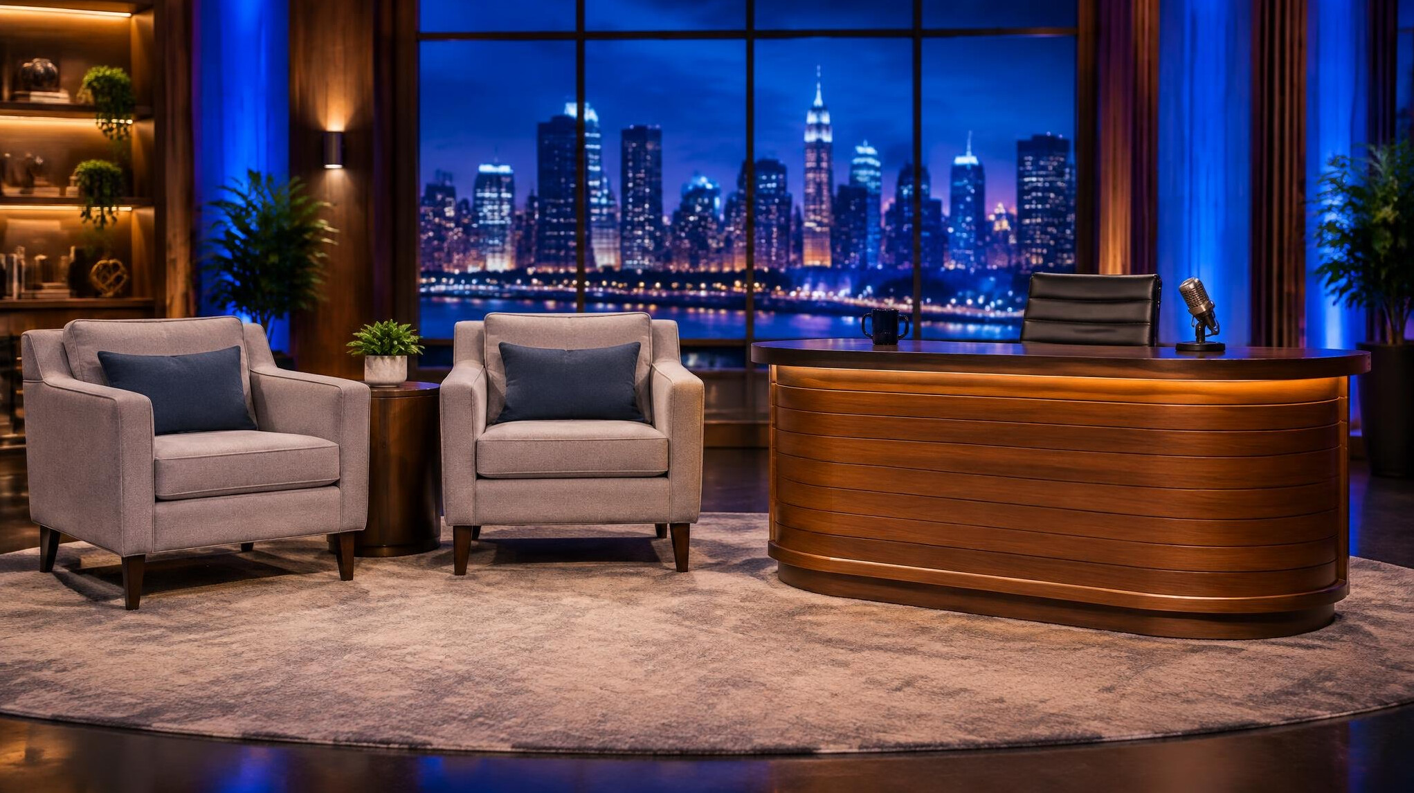 Stage with coloured spotlights and a talk-show desk