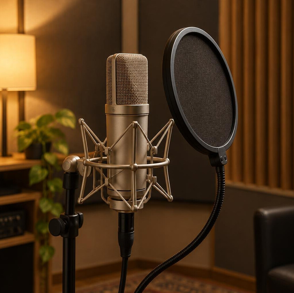 Studio microphone with pop filter in a recording room