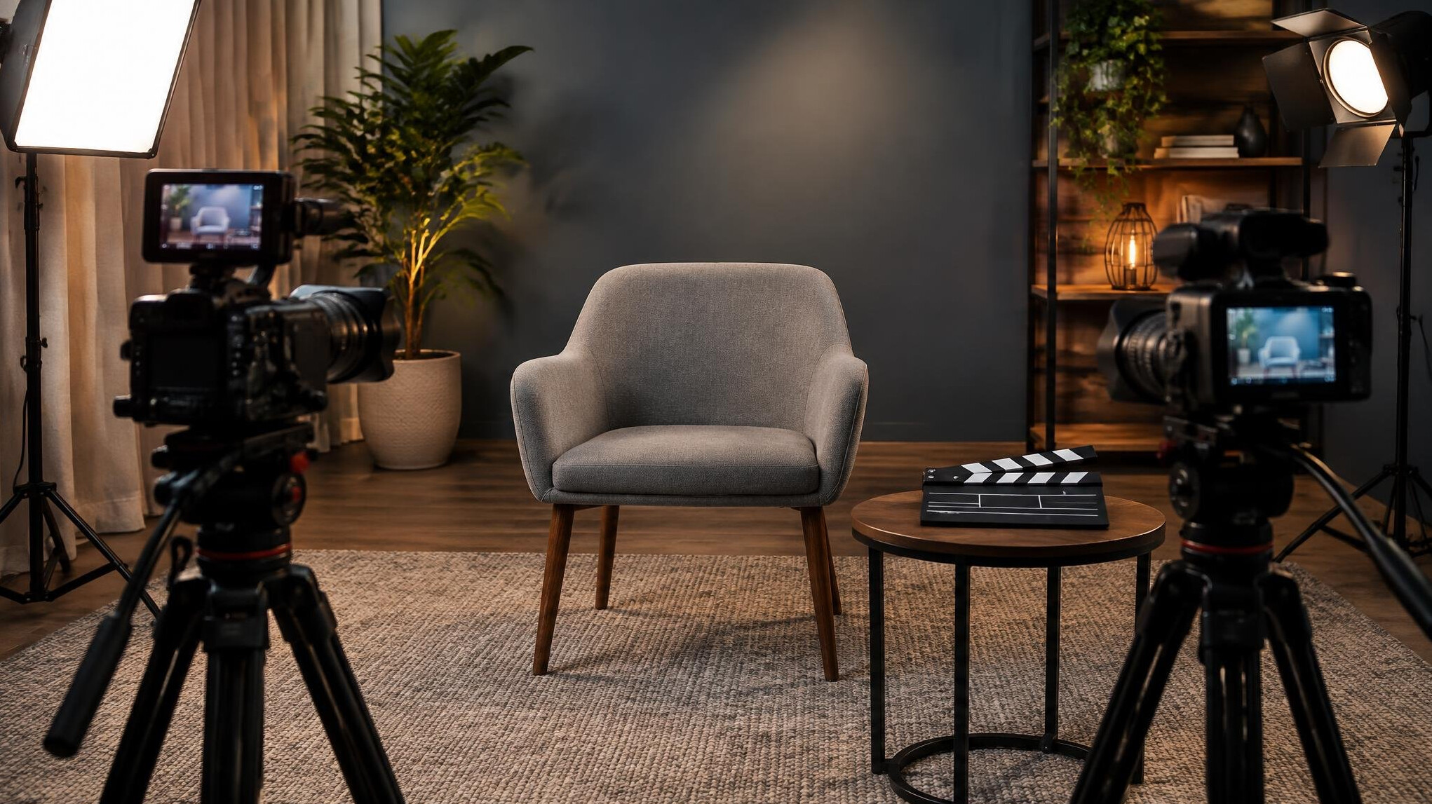 Film clapperboard and cameras for an interview setup