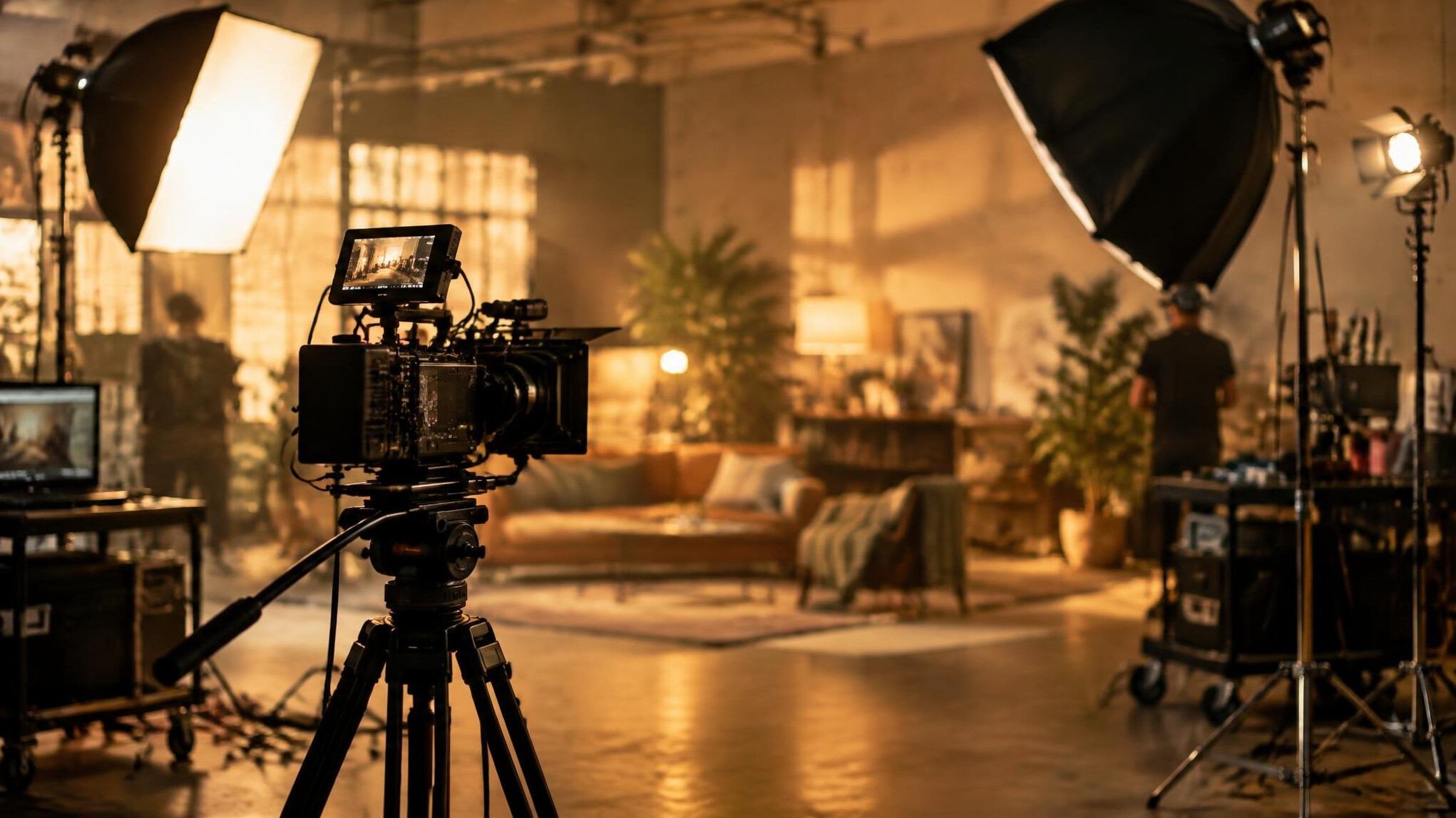 Film crew and camera on a set with soft lighting