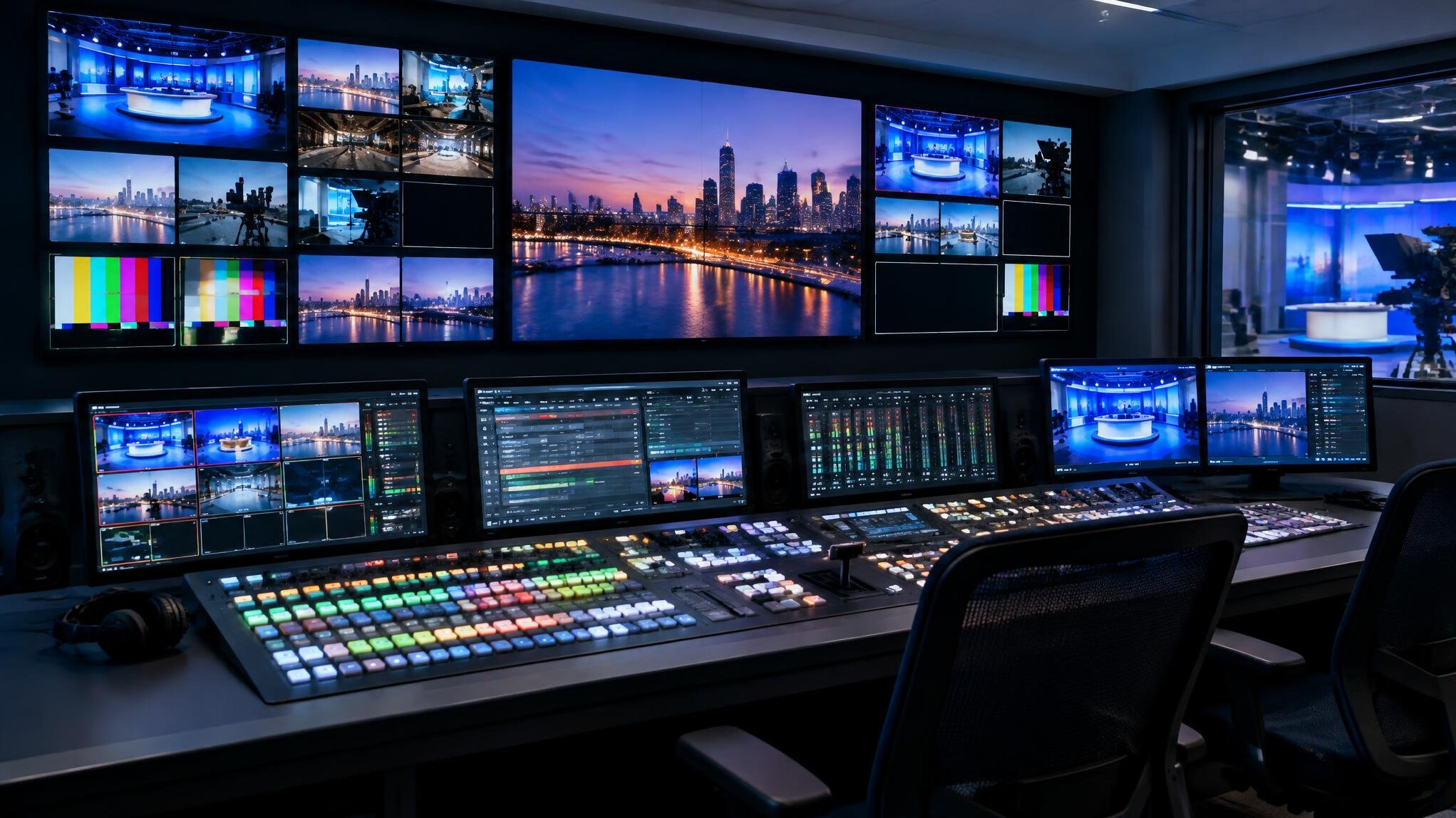 Broadcast control room with monitors and a mixing desk