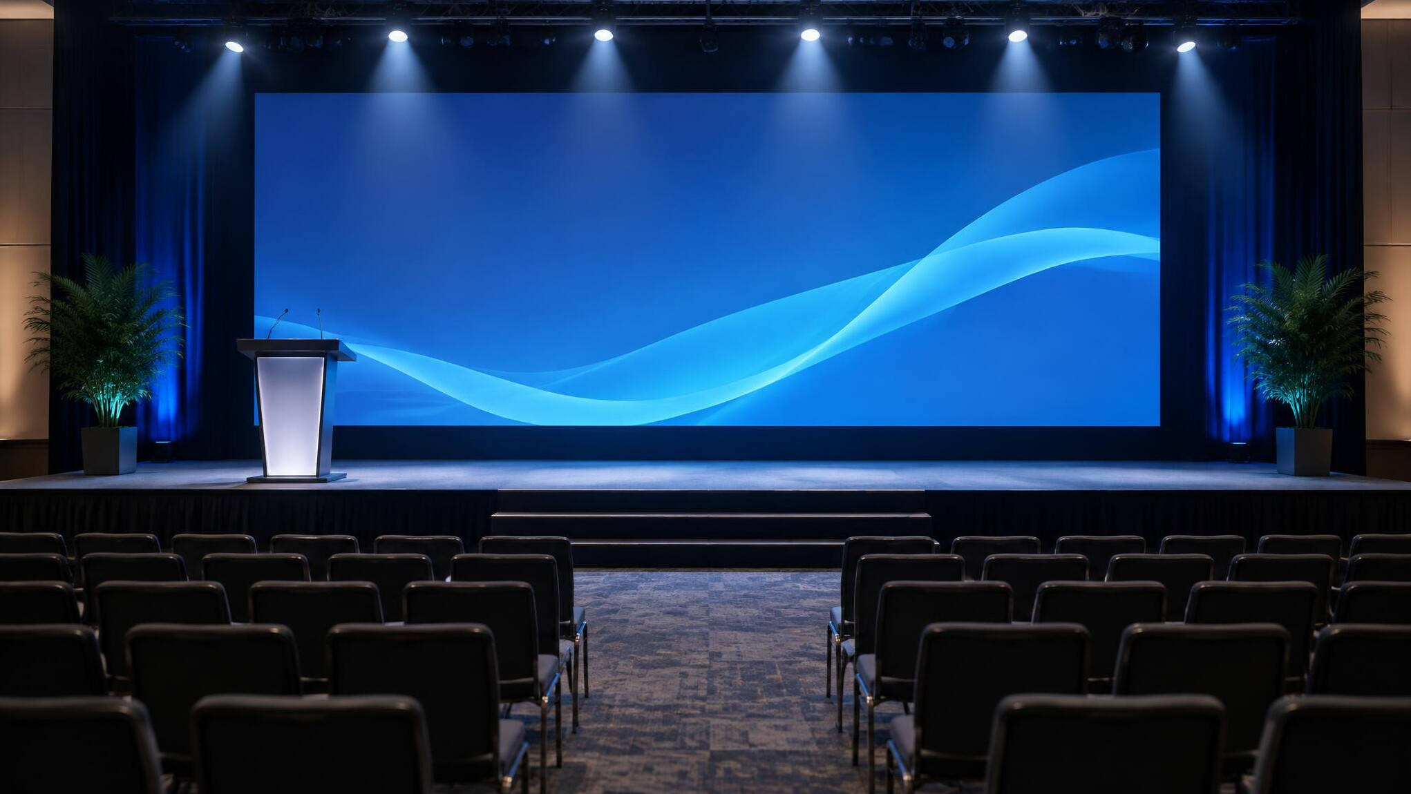 Speaker's podium on a lit conference stage