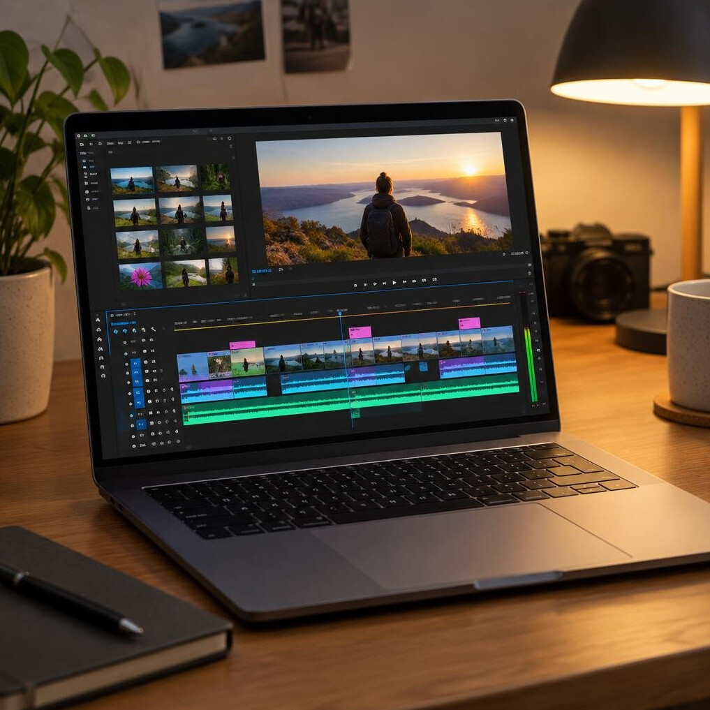 Laptop with video editing timeline on a desk
