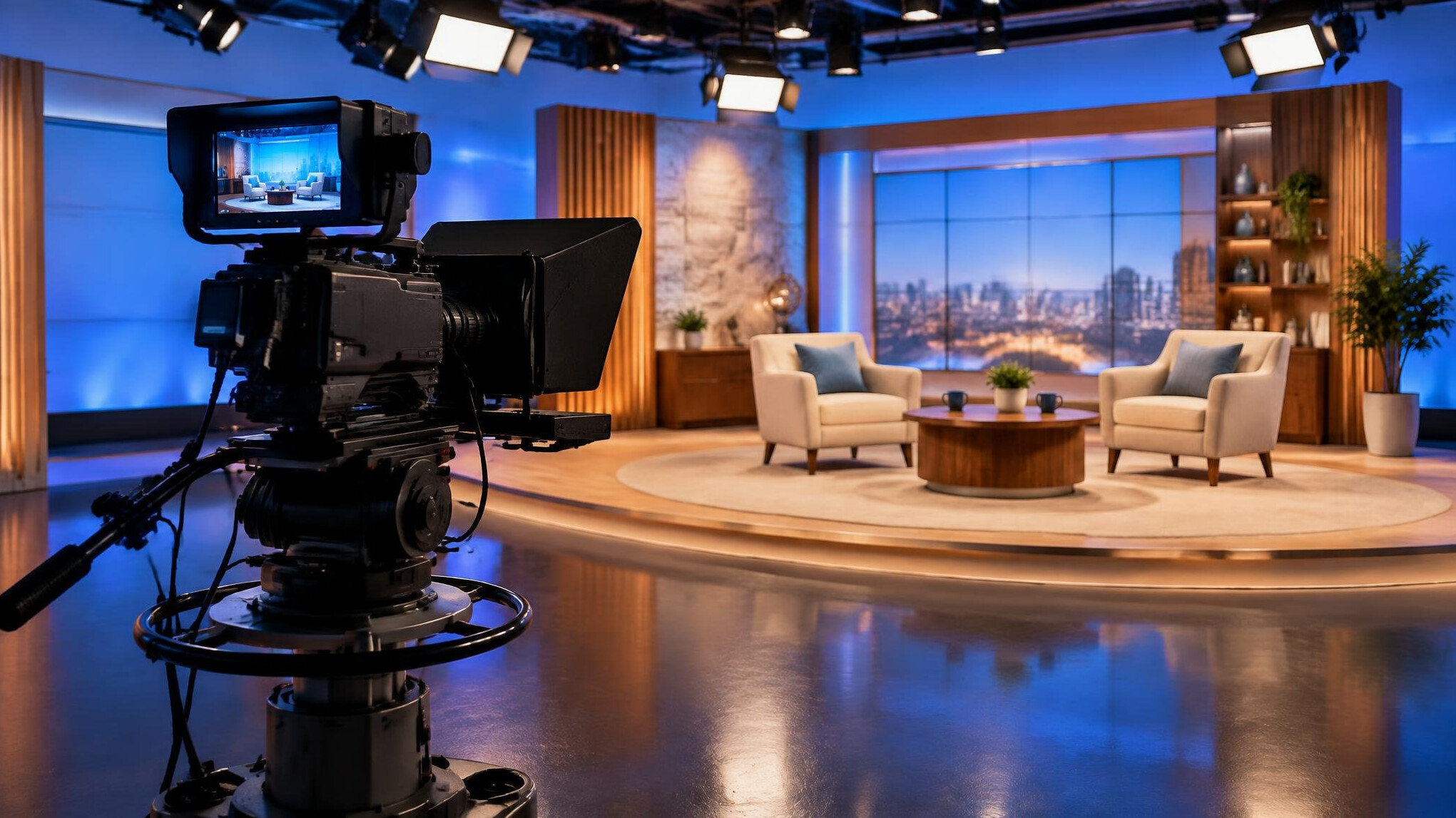 Television studio camera on a pedestal facing a lit set