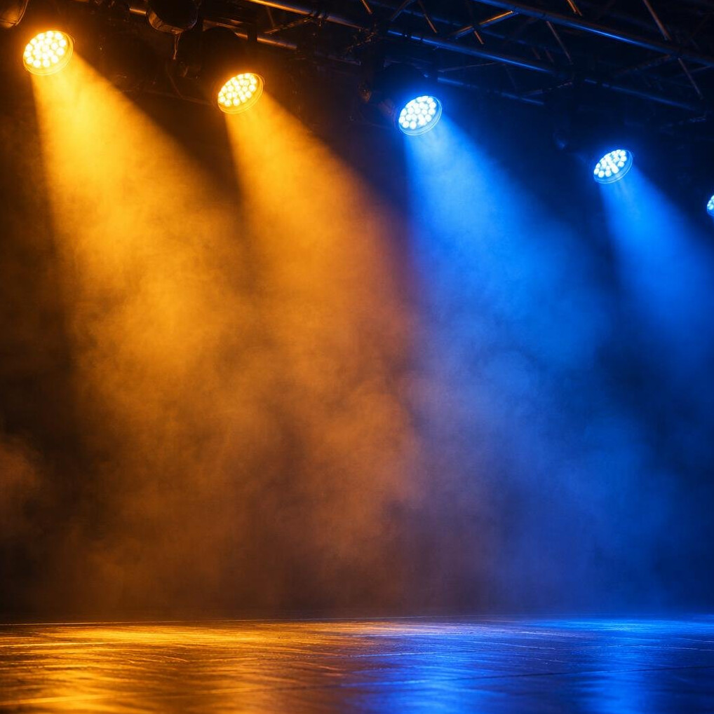 Stage lights glowing over an empty stage
